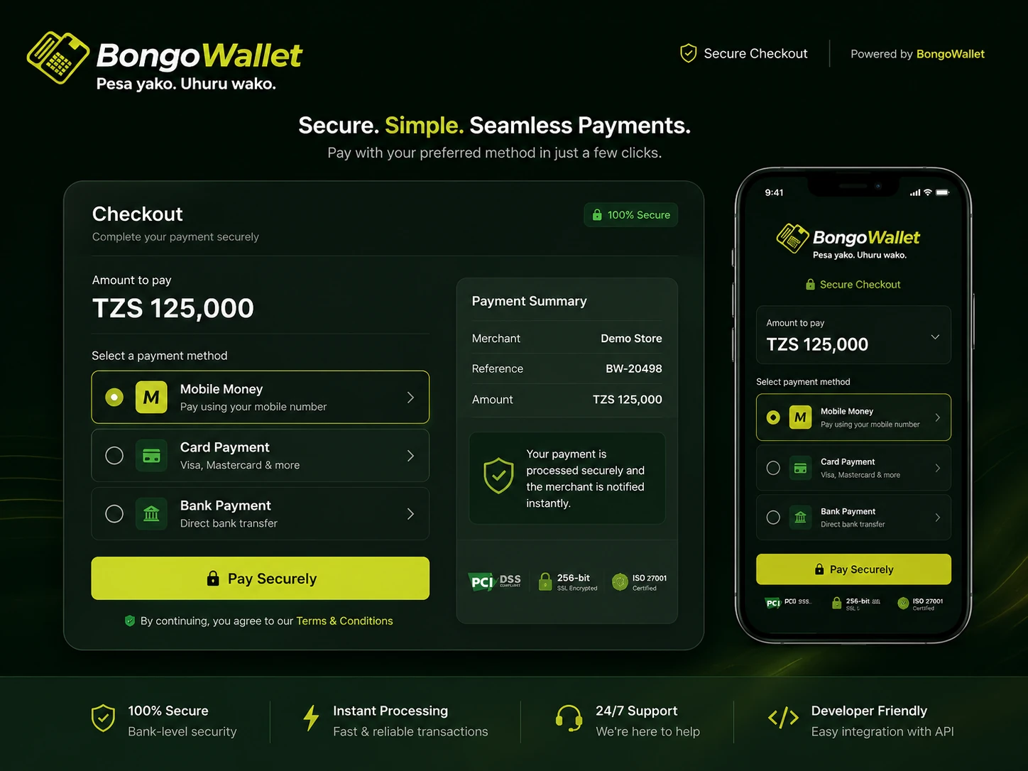 BongoWallet secure checkout interface shown on desktop and mobile
